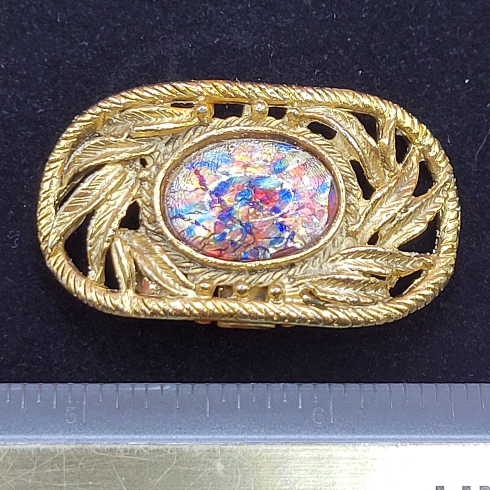 Vintage Musi Multi Color Stone Scarf Clip W/ Gold Tone Rope And Leaves